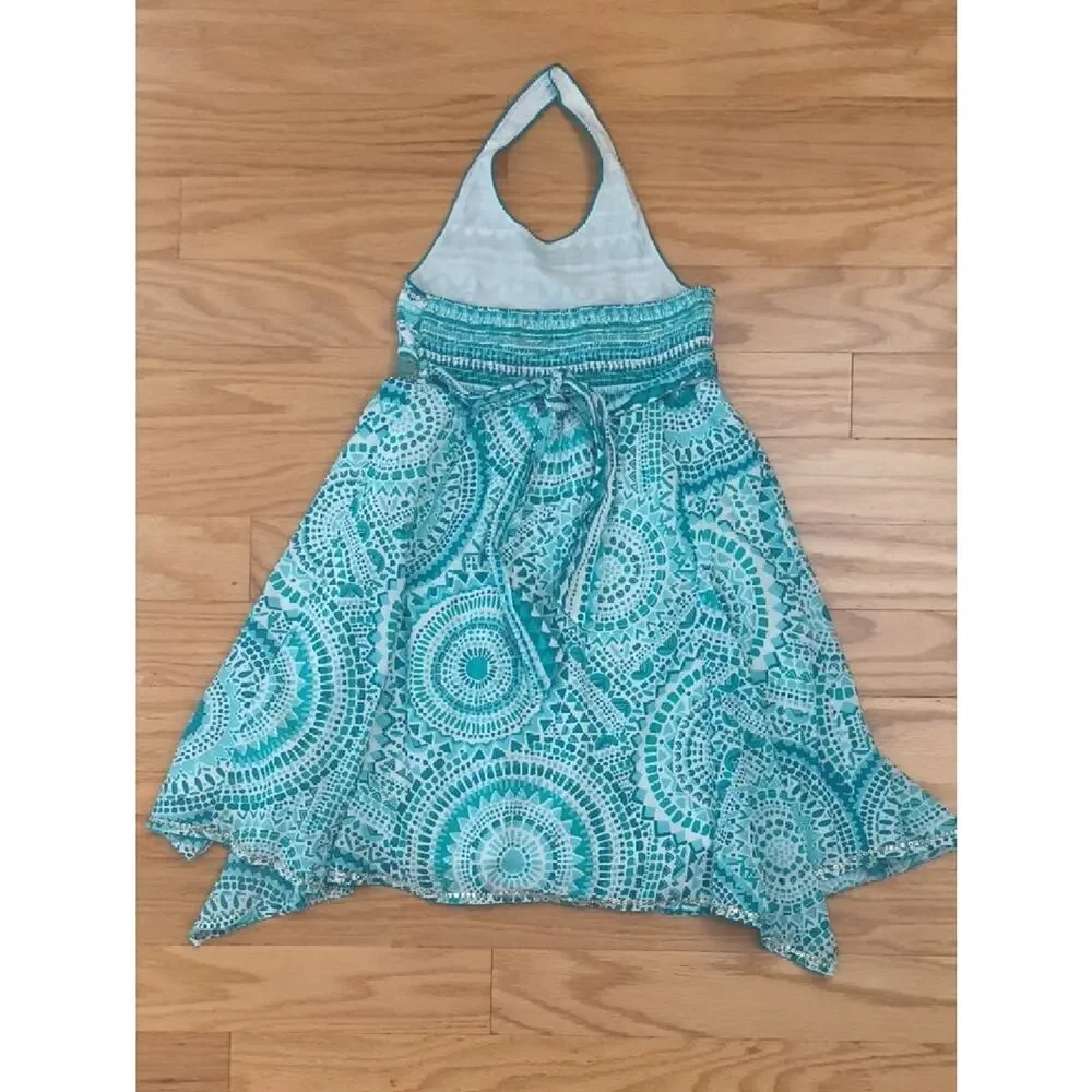 Monsoon Teal & White Sequin Halter Print Dress Size 8 GU